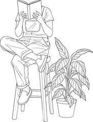 Line art of a person in overalls reading a book on a stool next to a large potted houseplant.