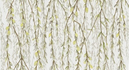 Obraz premium Soft, flowing light green foliage creating a tranquil natural backdrop, perfect for serene organic designs and decorative spring-themed patterns with a delicate botanical illustration style