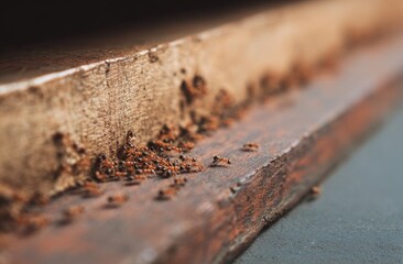 Close-up of a weathered brick wall with peeling paint and small debris