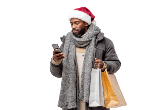 Bearded Black man in winter jacket, gray scarf, and red Santa hat checking smartphone while holding white and brown shopping bags, holiday gift hunting