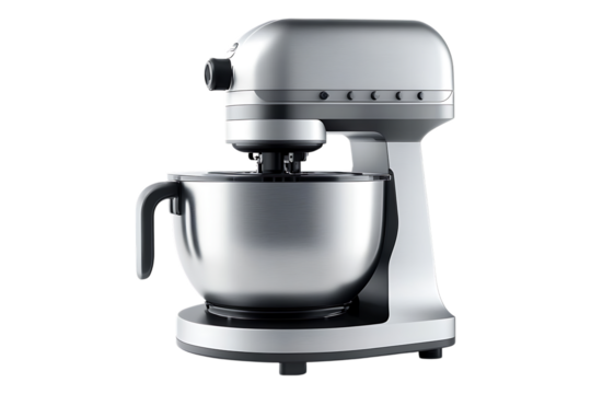 Silver food processor on transparent background, modern kitchen electric mixer
