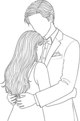 Minimalist line art of a faceless couple in formal wear sharing a tender romantic embrace.