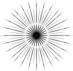 A black circular burst element with thin radiating lines and dotted rays on a white background, creating an abstract geometric pattern