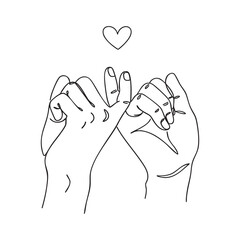 Minimalist oneline drawing of two hands in a pinky promise gesture with a small heart symbolizing love and commitment.