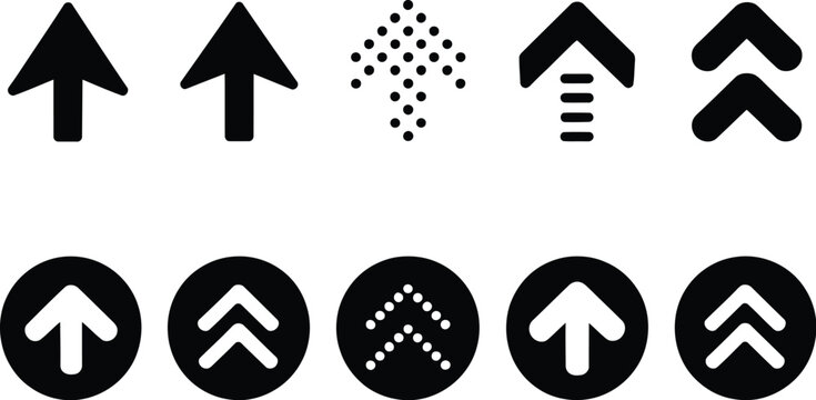 Collection of ten black arrow icons pointing upwards, showcasing various design styles such as solid, dotted, chevron, and arrows within circles