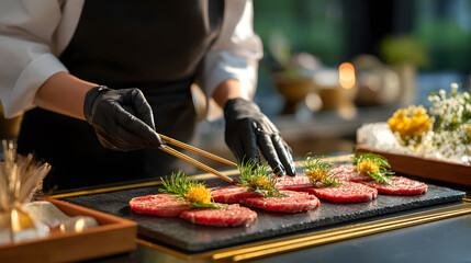 Obraz premium a high-end chef in black apron and black gloves, arranging raw flower-cut ribeye slices (꽃등심) carefully on a luxurious tray, top-down view, black slate platter, gold chopsticks and garnish on the sid