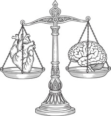 Ornate vintage balance scale weighing an anatomical human heart against a brain a black and white line art illustration.