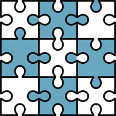 Graphic illustration of a nine-piece jigsaw puzzle with alternating light blue and white colors forming a cohesive and interconnected pattern