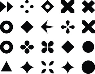Collection of Simple Black and White Icons Arrows, Shapes, Dots, and Geometric Designs