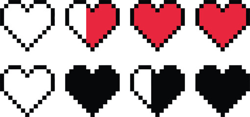 Pixelated Heart Icons Set - Health Bars and Game Status Indicators