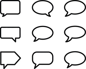 Collection of nine different stylized speech bubble icons in black outline on a white background, representing conversation and communication