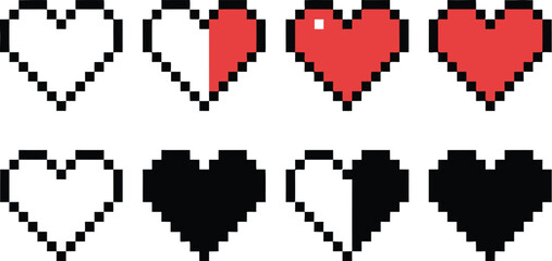 Pixel Heart Icons Representing Health and Love in Vector Format