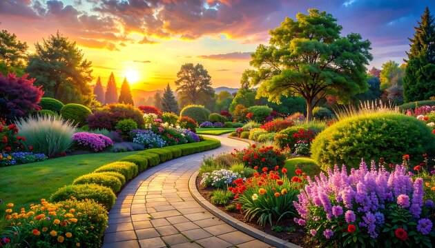 Scenic landscape featuring a winding stone path through a vibrant garden, illuminated by a warm, colorful sunset