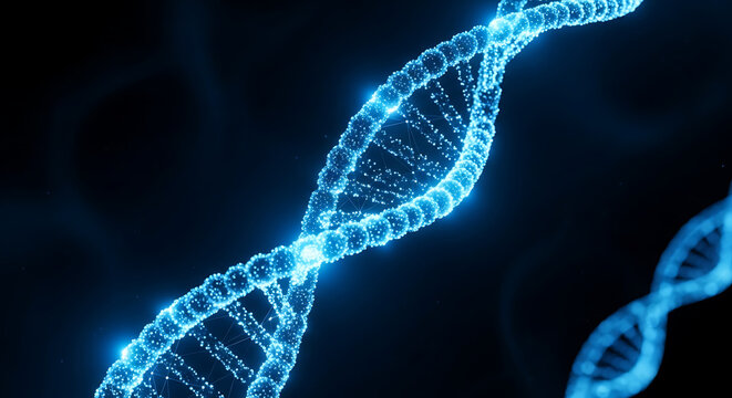 Glowing blue dna double helix structure composed of particle elements, representing genetic engineering and biotechnology research.