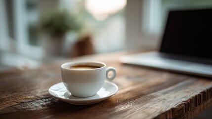 Close-up of a white ceramic cup filled with coffee on a rustic wooden table