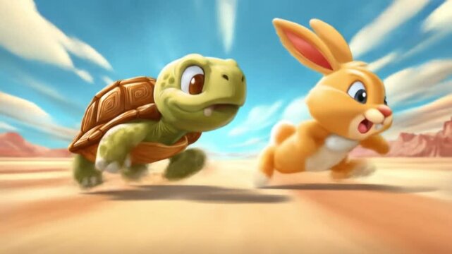 A speedy turtle and energetic rabbit sprint across a sunlit desert valley beneath clear blue skies.!