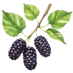 Obraz premium Botanical Illustration of Mulberry Branch with Ripe Berries and Green Leaves
