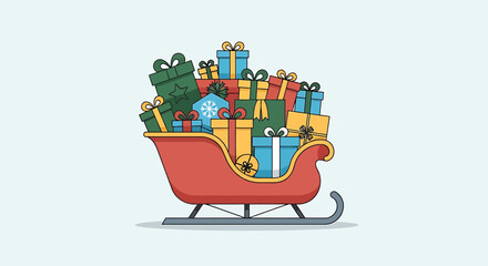 Fototapeta premium A red sleigh overflowing with a colorful assortment of wrapped Christmas presents, ready for delivery.