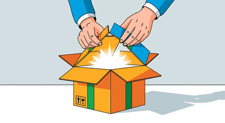 Hands opening a cardboard box with a bright light emanating from within.