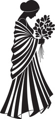Stylized black silhouette of a woman in a flowing striped gown holding a leafy bouquet.