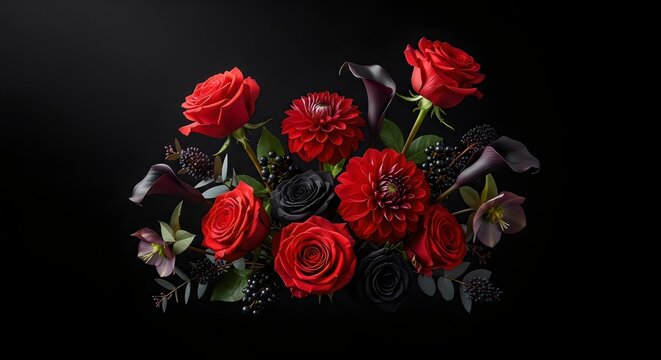 Moody elegant bouquet with deep red roses, dramatic black background, luxury floral photography, romantic dark aesthetic, premium flower arrangement.
