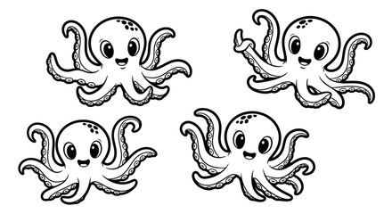 Four playful cartoon octopuses with transparent background