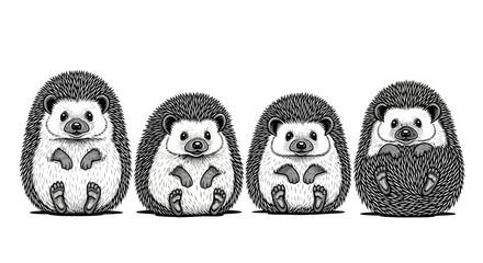 Obraz premium Four adorable hedgehogs sitting together with transparent background