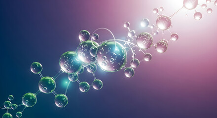 Advanced molecular structure glowing in vibrant purple and blue gradient, representing science, innovation, and digital technology