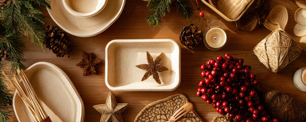 Eco friendly Christmas decoration with natural pine cones star anise and red berries on wooden table creating warm festive mood