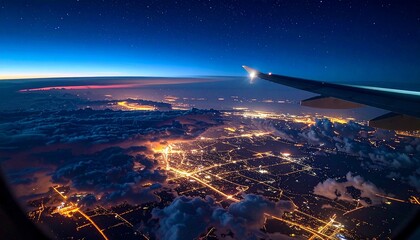 Breathtaking aerial perspective from an airplane window, capturing the dazzling city lights illuminating the night sky above a blanket of soft clouds during a serene flight journey
