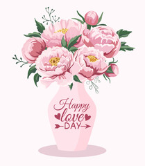 Happy Valentine's day card with pink peonies in vase elegant gentle flat illustration