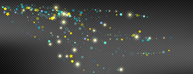 Cyan, Gold, Blue Stars Confetti. Shimmering Shiny particles. Scattered little sparkling, glitter light points. Stellar falling on black background. New Year Christmas background. Vector illustration.