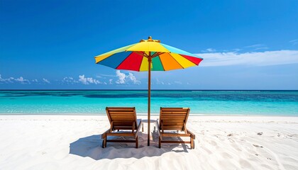 Obraz premium Colorful beach umbrella and two lounge chairs on pristine white sand beach. Clear turquoise ocean and blue sky, perfect serene tropical vacation
