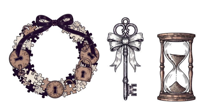 Elegant escape room vector elements with puzzle wreath, skeleton key, and hourglass for immersive game branding