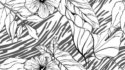 Black and white tropical seamless pattern. Contrast exotic graphics print. Modern stripes motif. Summer flower, leaf on abstract brush. Organic, tropic vector background.Watercolor daubs, ink, stains.