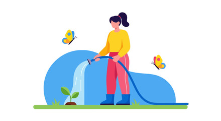 A young woman nurtures a new plant, providing care by watering it with a hose in a garden, symbolizing growth and nature