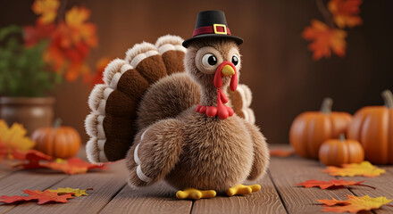 Cute Cartoon Turkey with Pilgrim Hat on Wooden Table with Pumpkins and Fall Leaves