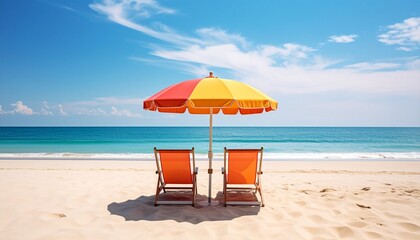 Beautiful tropical beach scene with two empty lounge chairs and a colorful umbrella under a clear blue sky with gentle waves rolling in