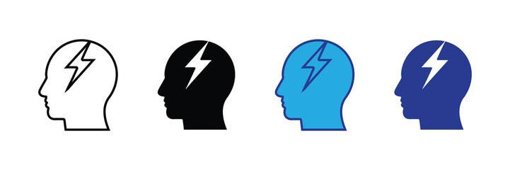 Set of four icons representing a human head with a lightning bolt inside, symbolizing ideas, energy, and brainstorming, isolated on white background