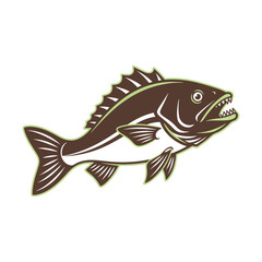 Stylized fish illustration, aggressive predatory aquatic creature, vector graphic art design, fishing icon