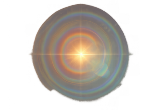 Optical lens flare light effect with rainbow colors, bright sun streak, abstract star filter on transparent background