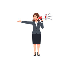 Professional businesswoman making an announcement with a red megaphone, gesturing, full-body illustration.