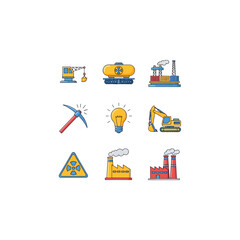 Industrial production, energy generation, mining equipment, and environmental icons, a modern vector set