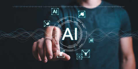 Hand interacting with ai interface and digital icons