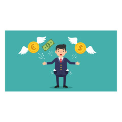 Shocked businessman with empty pockets, money flying away, representing financial loss, debt, and economic crisis