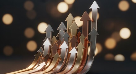Dynamic metallic arrows surging upwards, symbolizing market growth and business success against a blurred bokeh background