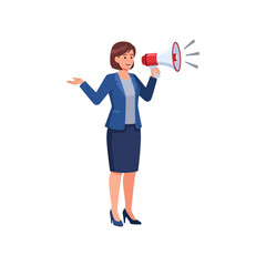 Fototapeta premium Confident businesswoman holding a megaphone, delivering important news, public speaking, effective communication illustration