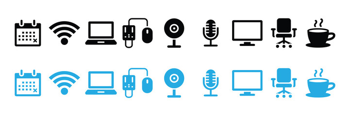 Collection of black and blue icons representing office and technology items, isolated on white background