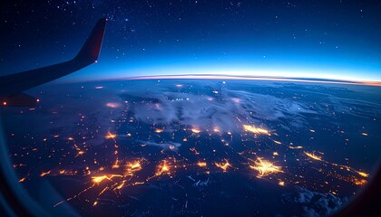 Breathtaking night view from an airplane window, capturing the illuminated city lights on the curved horizon of Earth under a star-filled sky
