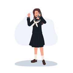 kawaii japanese student wearing sailor uniform talking on smartphone.